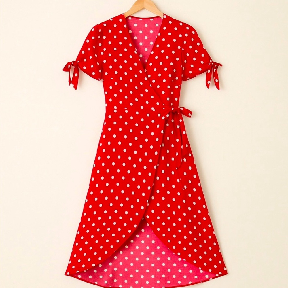 ❤️ Gorgeous Red and White Polka Dot Short Sleeve Wrap Dress Small